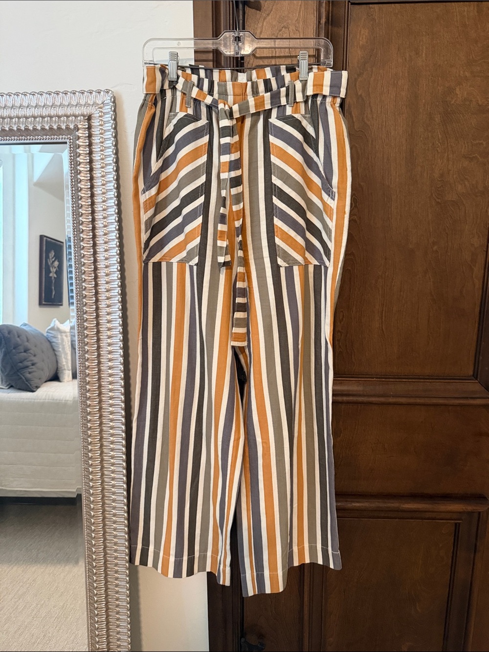 Striped High-Waist Pants in Mustard, Gray & White
